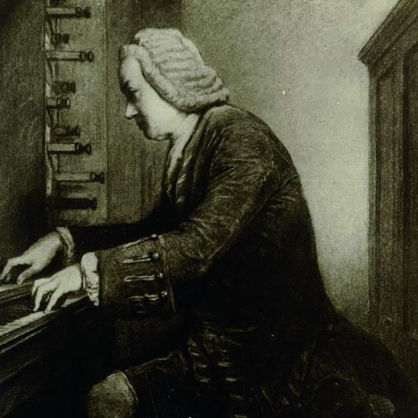 Johann Sebatian Bach an der Orgel