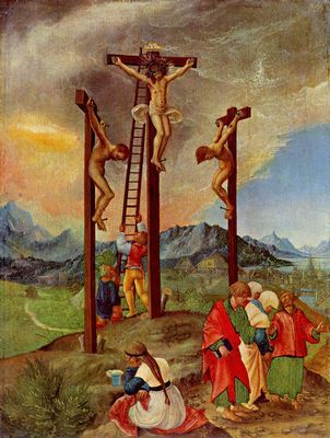 Abbildung unten: Gemälde zum Karfreitag. Albrecht Altdorfer: Kreuzigung Christi, 1526, Holz, 28,7 × 20,8 cm. Berlin, Gemäldegalerie.