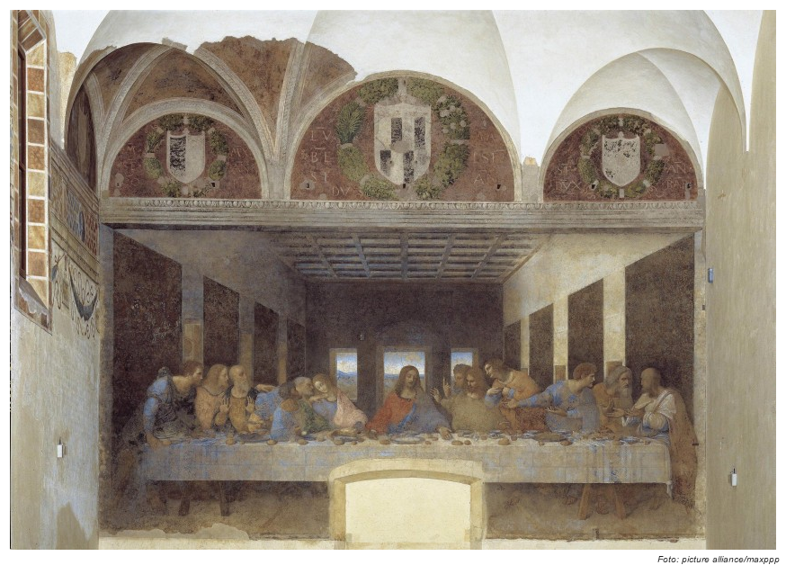 Leonardo da Vinci (1452-1519) Gemälde "Ultima Cena"  oder auch zu Deutsch das  "Abendmahl"  hängt im Refektorium des Mailänder Klosters Santa Maria delle Grazie.